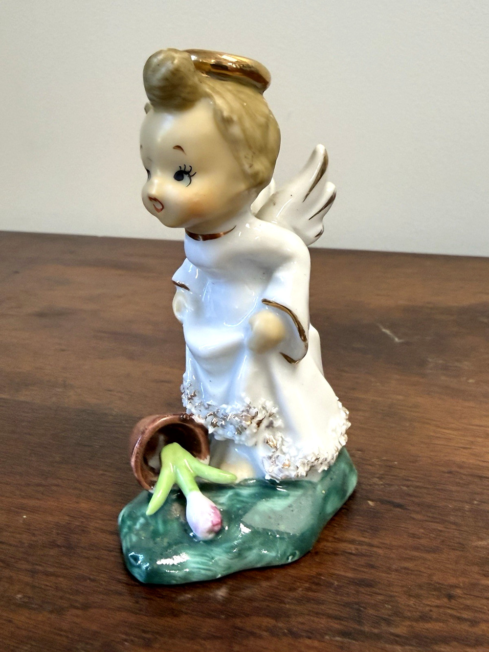 Vintage 1950s Japan Angel Figurine Spaghetti Trim Tulip Flower Pot Christmas